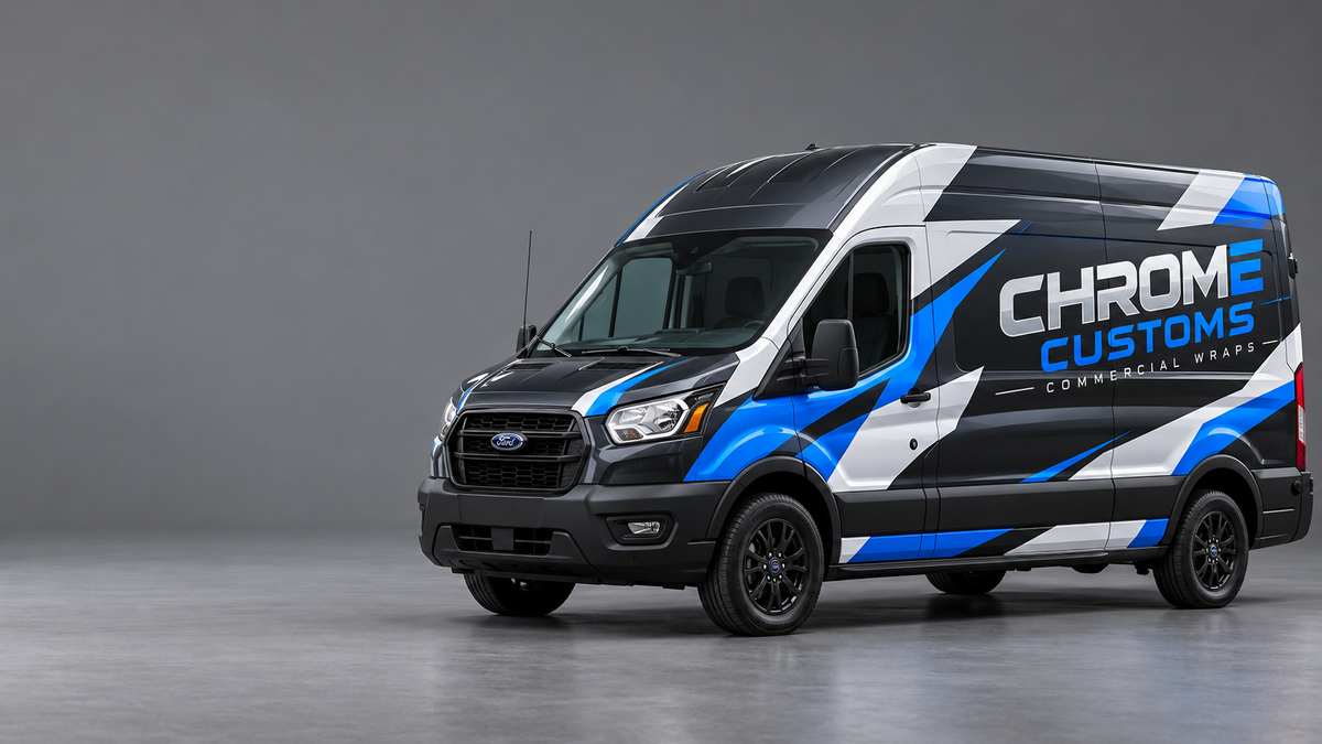 Illustrative Transit van with Chrome Customs commercial vehicle wrap graphics