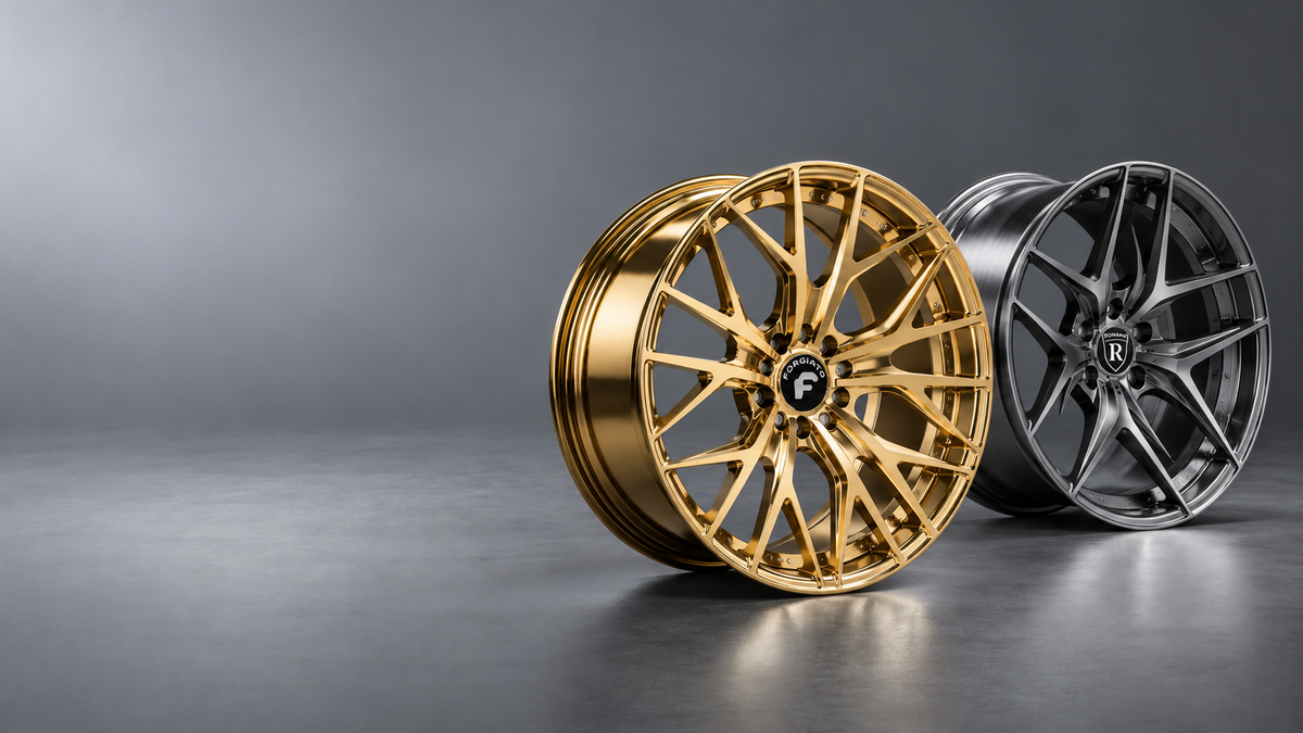 Gold Forgiato and gunmetal Rohana custom wheel illustration