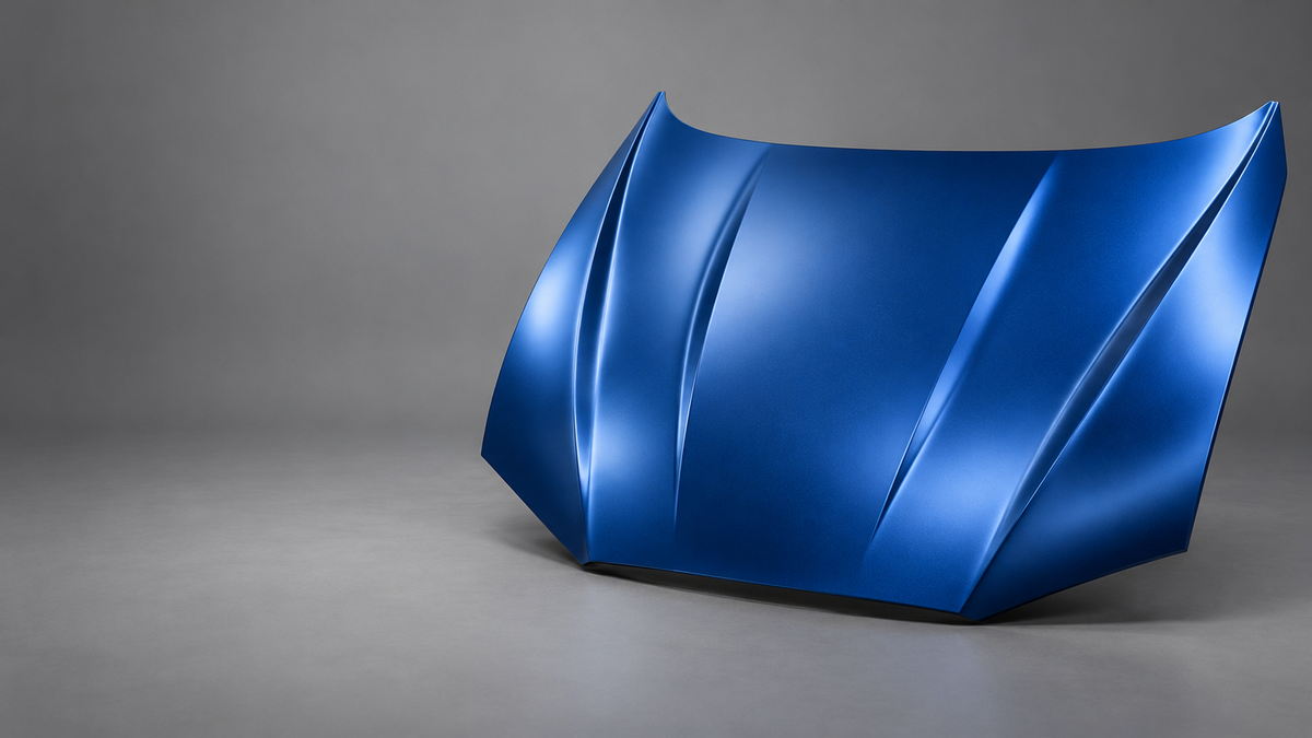 Satin blue vinyl-wrapped hood on a seamless gray studio background